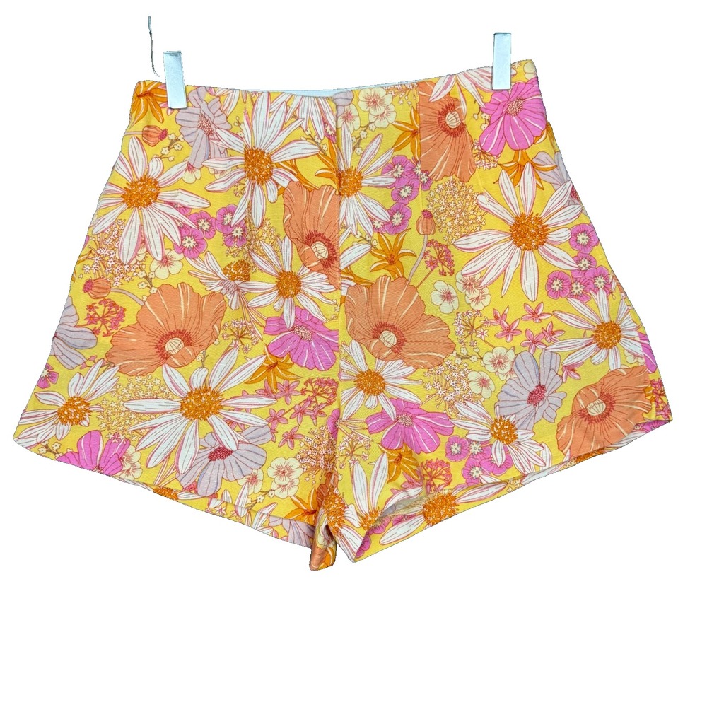 H&M Shorts Womens 8 Pink Yellow Floral‎ Linen Viscose Blend High Rise Dressy NWT
